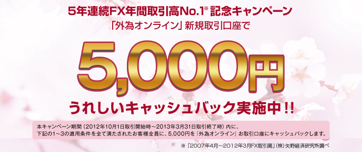 本キャンペーン期間(2008年4月1日午前7時〜キャンペーン終了時(終了日時は当日の2週間前に告知します))内に、下記の1〜3の適用条件を全て満たされたお客様全員に、5,000円を『外為オンライン』お取引口座にキャッシュバックします。