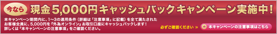 今なら現金5.000円キャッシュバックキャンペーン実施中!本キャンペーン期間内に、1〜3の適用条件(詳細は「注意事項」に記載)を全て満たされたお客様全員に、5,000円を『外為オンライン』お取引口座にキャッシュバックします!詳しくは「本キャンペーンの注意事項」をご確認ください。必ずご確認ください 本キャンペーンの注意事項はこちら