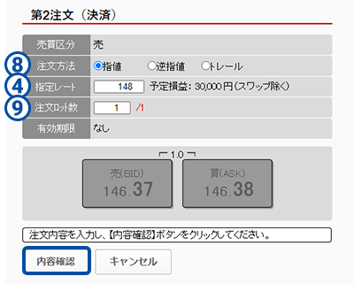 スクリーンショット:決済注文入力