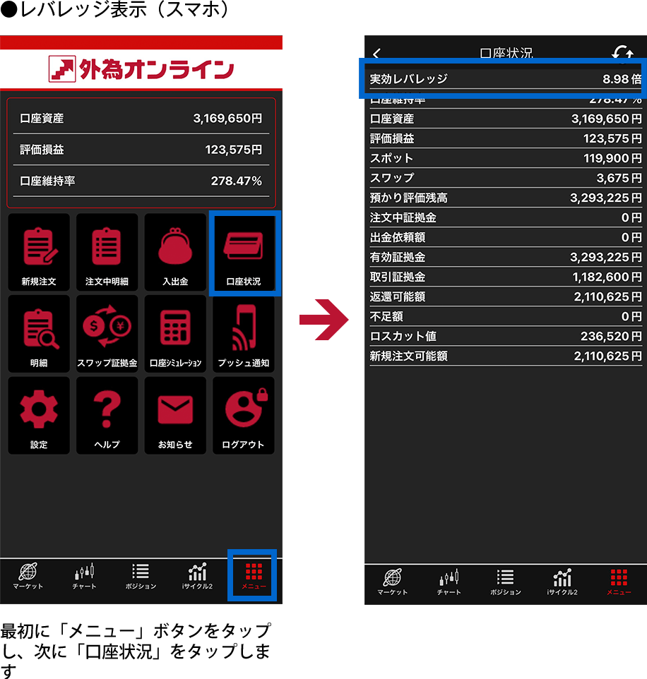 スマホでのレバレッジ表示 メニューボタンをタップし、次に口座状況をタップします