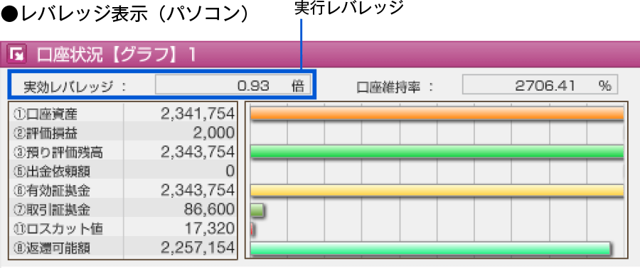 PCでのレバレッジ表示 口座状況の最上部にある実行レバレッジがレバレッジです