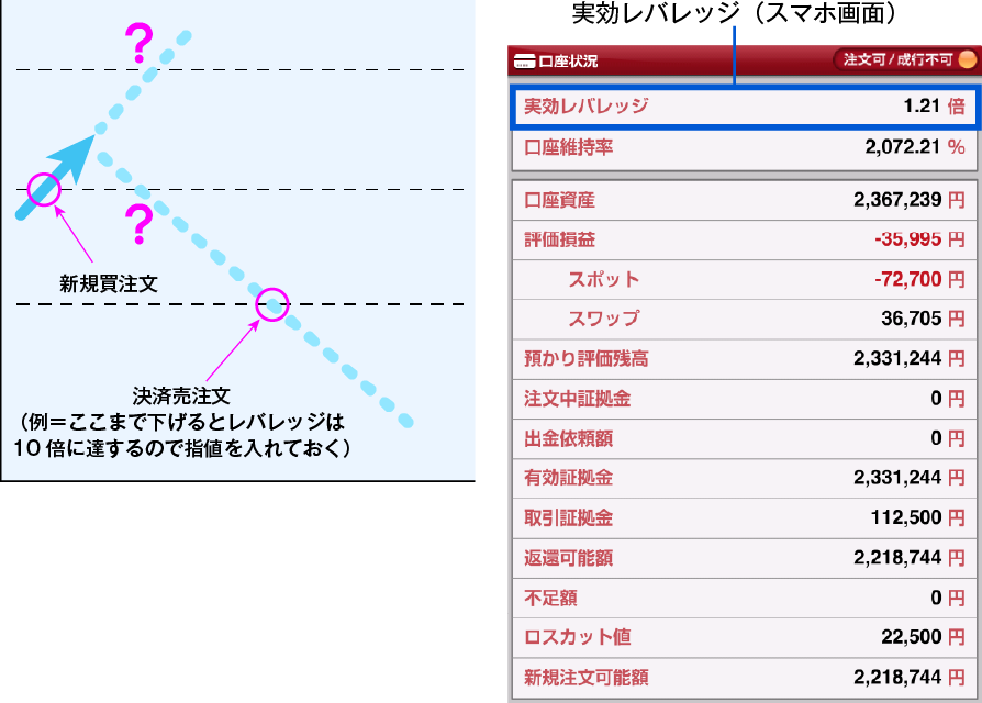 レバレッジが大きくならない内に自主的に損切りします。実効レバレッジは取引画面から確認できます。