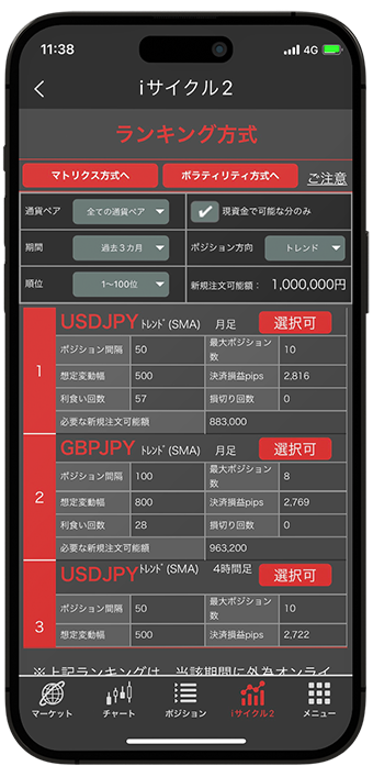 アプリのアイサイクル2取引のランキング画面